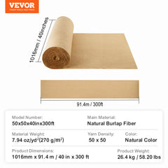 Natural burlap fabric roll, 40 inches wide and 300 feet long, ideal for crafts and gardening.