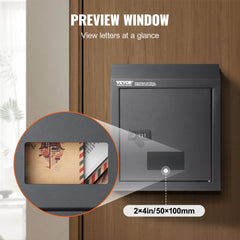 Dark gray heavy-duty steel key drop box with preview window and letter slot for door installation.