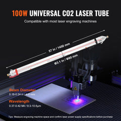 100W CO2 laser tube, 1450mm borosilicate glass, compatible with engraving machines.