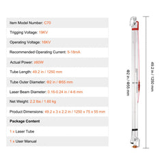 Bostome 60W CO2 laser tube made of borosilicate glass, 1250mm long, for precise cutting.