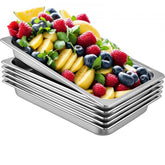 Six stainless steel steam table pans, 2.5 inches deep, with reinforced corners for durability.