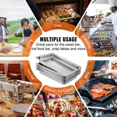 Six stainless steel steam table pans, 2.5 inches deep, with reinforced corners for durability.