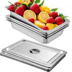 Four stainless steel deep steam table pans with lids, each 21.1 x 13 x 3.7 inches.