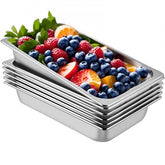 Six stainless steel deep steam table pans, each with a 13L capacity and reinforced corners.