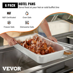 Stainless steel 6-pack deep steam table pans, 13L capacity, with reinforced corners and rounded edges.