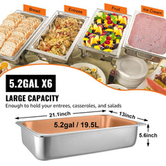 Six full-size deep stainless steel steam table pans with reinforced corners for durability.