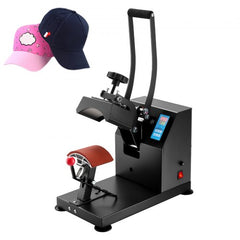 Bostome 5.5x3.5 inch curved hat heat press with digital control, clamshell design, and sample pink and navy caps.