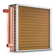 A 16x16-inch 3-row copper water-to-air heat exchanger with 193 fins and attached pipes.