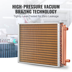 A Bostome 18x20 water to air heat exchanger with 3-row copper tubes and aluminum fins.