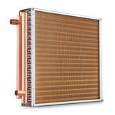 20"x20" water to air heat exchanger with copper tubes and aluminum fins for efficient heating.