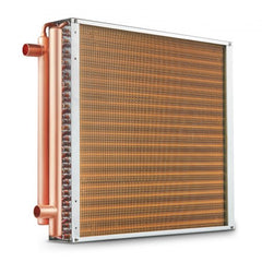 20"x20" water to air heat exchanger with copper tubes and aluminum fins for efficient heating.