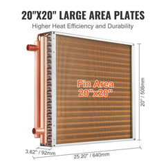 20"x20" water to air heat exchanger with 3-row copper tubes and aluminum fins.