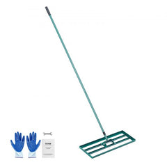 Green steel lawn leveling rake with long handle, gloves, wrench, and instruction manual.