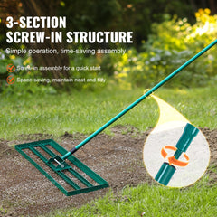 Bostome lawn leveling rake with 30x10 inch steel head and 78 inch handle on grass.
