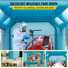 26x15x10ft inflatable paint booth with air filters and blowers for car painting and camping.