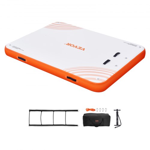White and orange 10x8ft Bostome inflatable floating dock with non-slip PVC surface, detachable ladder, pump, and carry bag.