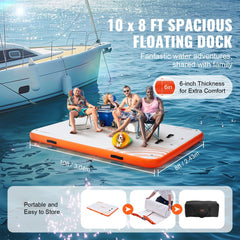 10x8ft inflatable floating dock in orange PVC with non-slip surface and detachable ladder on water.