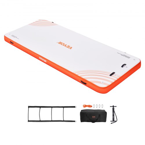 White and orange 15x6ft Bostome inflatable floating dock with non-slip PVC surface and detachable ladder.