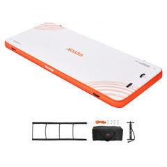 White and orange 15x6ft Bostome inflatable floating dock with non-slip PVC surface and detachable ladder.