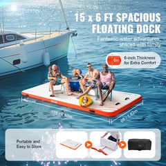 15x6ft inflatable floating dock on water with family, ladder, and storage bag.