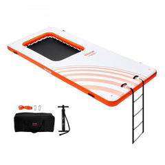 Bostome Inflatable Floating Dock, 15x6.5FT, features a trampoline mesh pool and non-slip surface.
