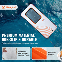 Bostome Inflatable Floating Dock measuring 15x6.5FT with a trampoline mesh pool and ladder.