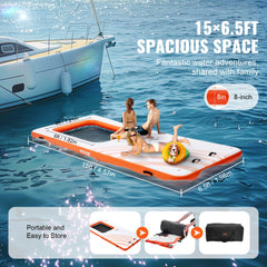 Bostome Inflatable Floating Dock, 15x6.5FT, features a trampoline mesh pool and non-slip surface.