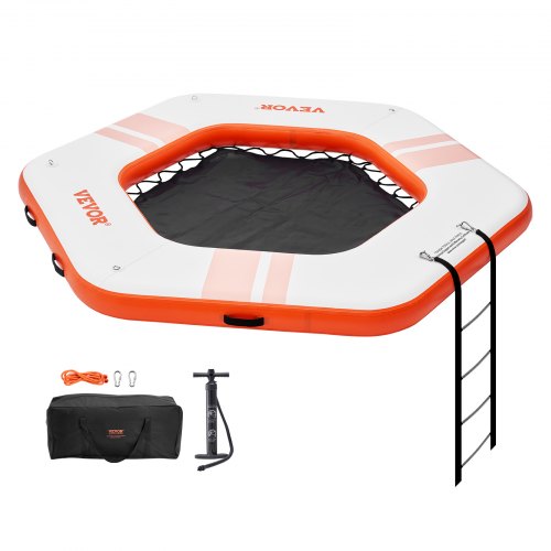 Bostome Inflatable Floating Dock with a 5FT trampoline mesh pool and secure anchoring system.