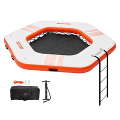 Bostome Inflatable Floating Dock with a 5FT trampoline mesh pool and secure anchoring system.