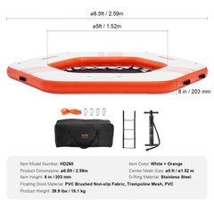 Bostome Inflatable Floating Dock is an 8.5FT platform with a 5FT trampoline mesh pool.