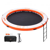 8ft inflatable floating dock with central 5ft trampoline pool, ladder, pump, and carry bag.