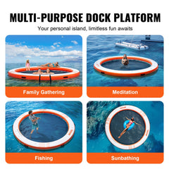 8ft inflatable floating dock with central 5ft trampoline pool for water activities.