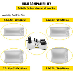Diagram of Bostome YE330 air cushion machine with four compatible roll film sizes: 7.9x3.1in, 7.9x3.9in, 7.9x5.9in, and 7.9x7.9in.