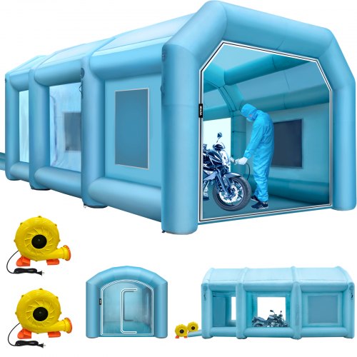 Blue inflatable car paint booth tent, 29.5x19.7x13ft, with blower and person inside.