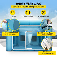 Blue inflatable car paint booth tent, 29.5x19.7x13 feet, made of 210D Oxford fabric with PVC coating.