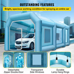 Blue inflatable car paint booth tent 29.5x19.7x13ft with car inside, transparent door, side windows, and lamp hang rings.