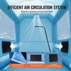 Inflatable paint booth measuring 9.8x8.2x8.2ft with transparent windows and durable fabric.