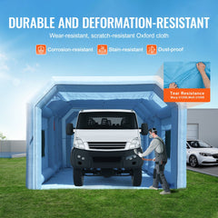 Inflatable paint booth with van inside, showing durable Oxford cloth and tear resistance.
