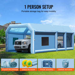 Inflatable paint booth 29.5x15.7x11.8 ft with blowers and filters, set up for a truck.