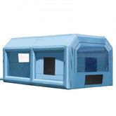 Blue inflatable paint booth, 21x13.5x9.8 ft, with blower, filter, windows, and side entry.