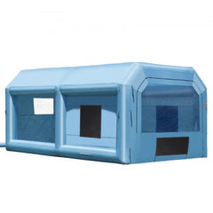 Blue inflatable paint booth, 21x13.5x9.8 ft, with blower, filter, windows, and side entry.