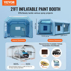 Inflatable paint booth measuring 21x13.5x9.8 ft with blower, filter, and vehicle compatibility diagram.