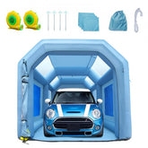 Blue inflatable paint booth with a Mini Cooper inside, plus blowers, stakes, cloths, bag, and straps.