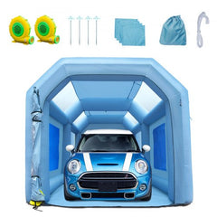 Blue inflatable paint booth with a Mini Cooper inside, plus blowers, stakes, cloths, bag, and straps.