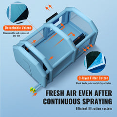 Inflatable paint booth with durable fabric, spacious interior, and high-efficiency filtration system.