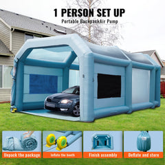 Inflatable paint booth tent in gray with dual blowers and spacious interior for automotive projects.