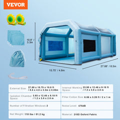 Inflatable paint booth tent with dual blowers, durable fabric, and spacious interior for automotive projects.