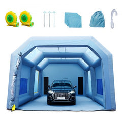 Inflatable paint spray booth tent with dual blowers, durable fabric, and spacious interior.