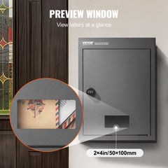 Dark gray heavy duty steel through-the-wall drop box with preview window and 4-digit lock.