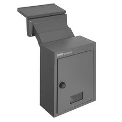 Dark gray heavy-duty steel through-the-wall drop box with lock and shelf.